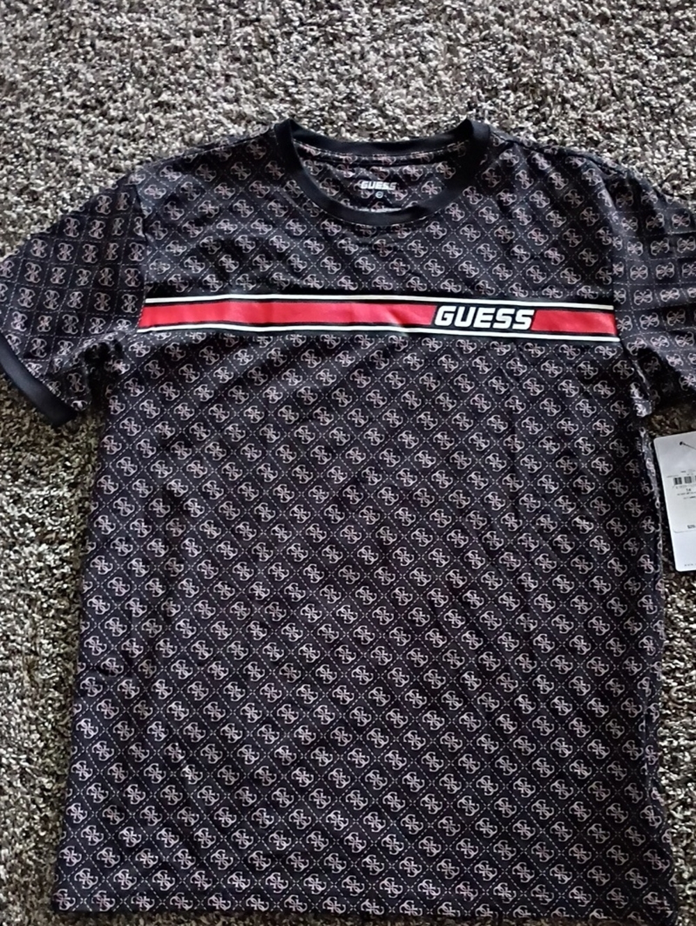 GUESS Black Logo-Print Short Sleeve Tee with Red Chest Stripe
